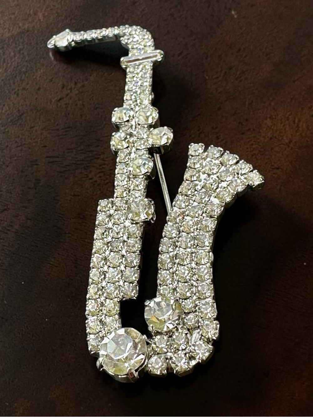Vintage Signed Mandy Dion (or Mandy Dior) Rhinestone Saxophone Brooch